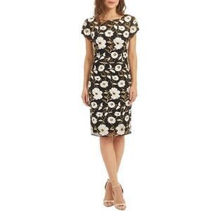 David Meister Floral Embroidered Midi Dress 6 Black White Gold Cocktail Formal